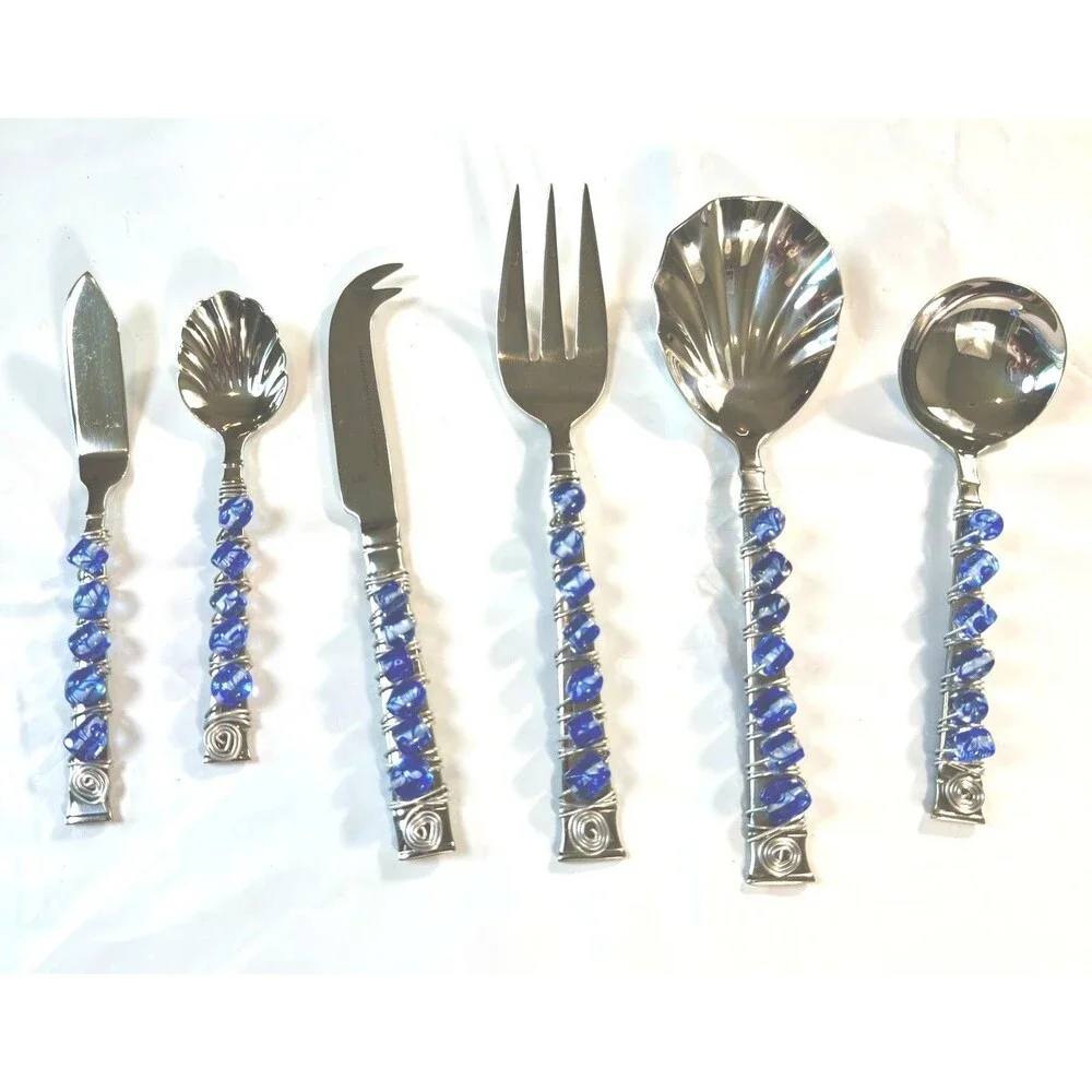 Heritage Mint 6 Pc Beaded Serving Set Blue White Swirl Glass Wire Wrapped